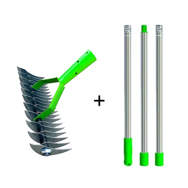 Double-sided rake showing curved tine side and straight edge side