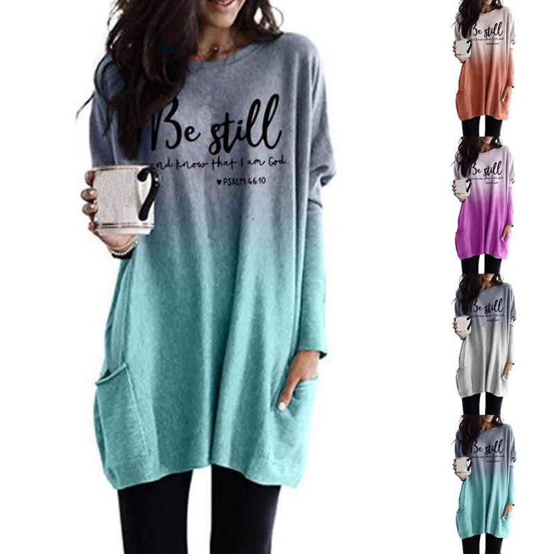 Women's Round Neck Long Sleeve Letter Gradient Print T-Shirt