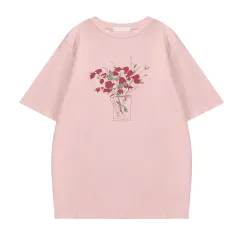 Women's Loose Rose Print Trendy Short Sleeve T-shirt - Pink - View 1