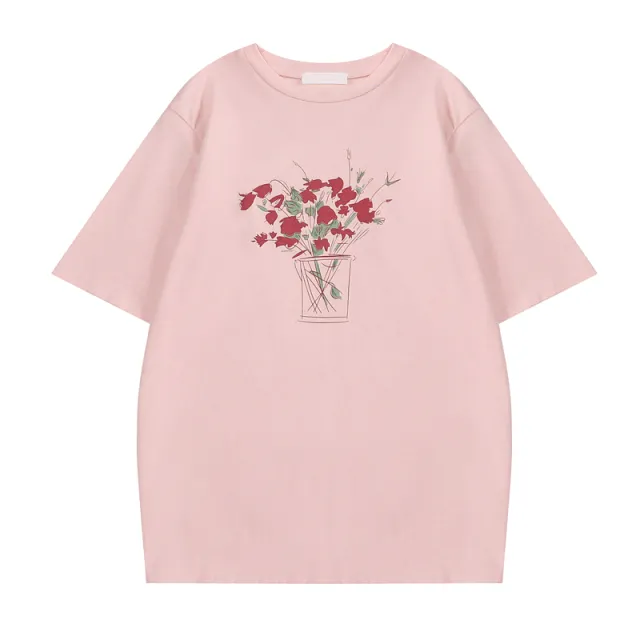 Women's Loose Rose Print Trendy Short Sleeve T shirt Pink - Shop at LoveMi