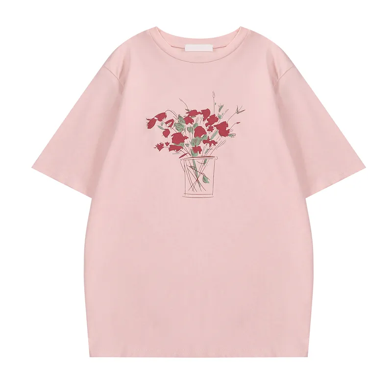 Women's Loose Rose Print Trendy Short Sleeve T-shirt - Pink