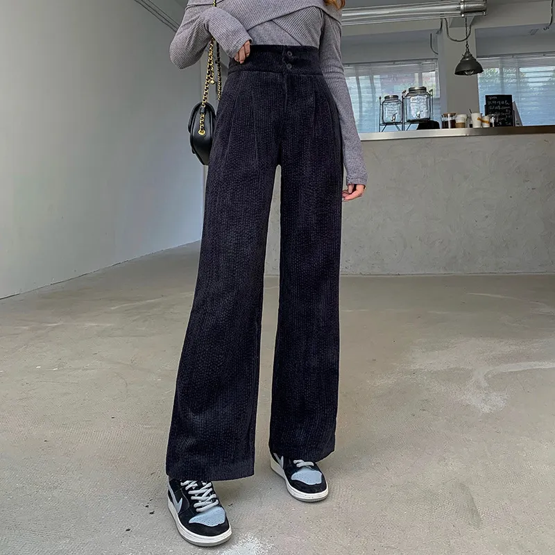 Women's Corduroy Straight Loose Wide-leg Pants - Black
