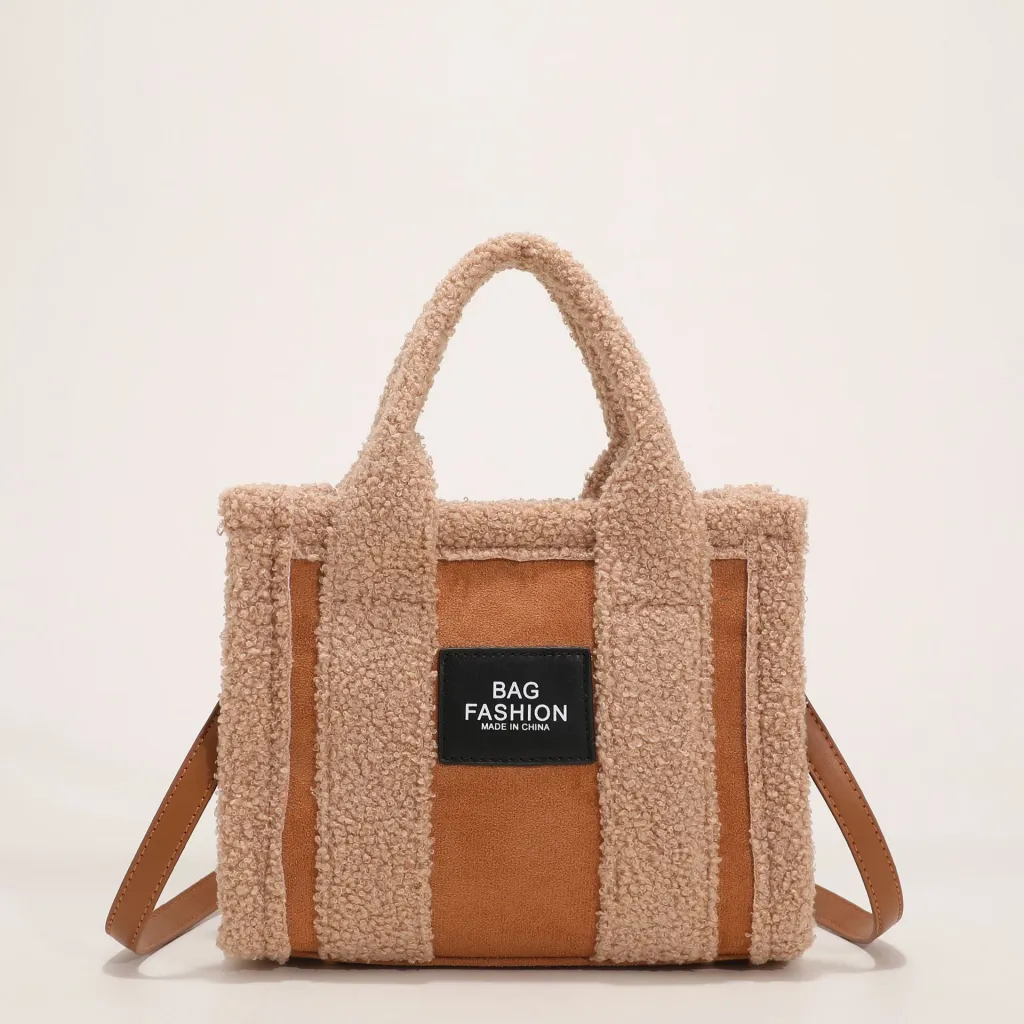 Women's Fashion Lambswool Clash Of Colors Handbag Shoulder Crossbody Bag - Brown