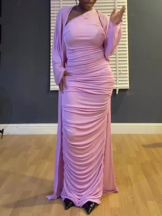 Draped Ruched One Shoulder Maxi Dress & Matching Shawl 2-Piece Set