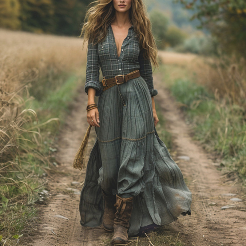 Women's Striped Maxi Dress, Lapel Collar Button Front Long Sleeve A Line Dress For Camping And Vacation Green - Shop at LoveMi