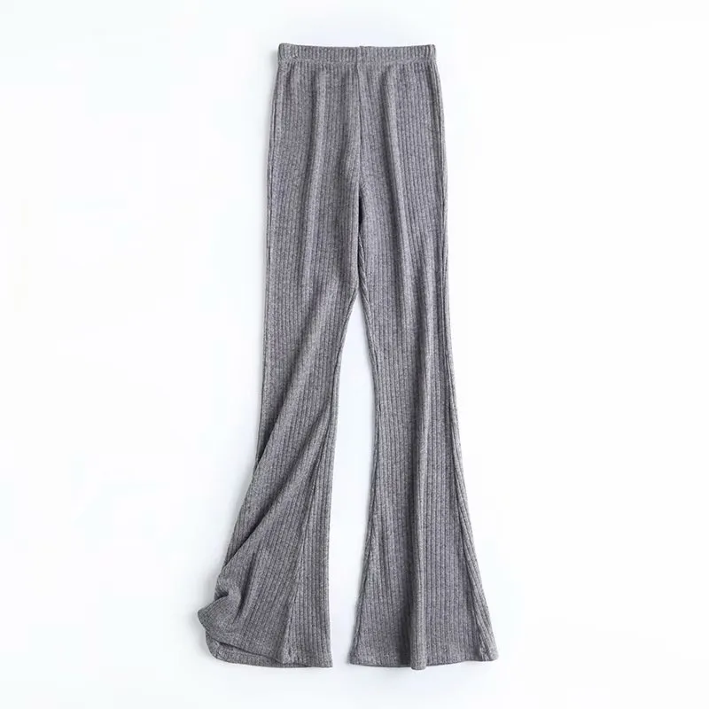 Slim Short Long Sleeved T Shirt Women Highwaist Flared Trousers - Grey