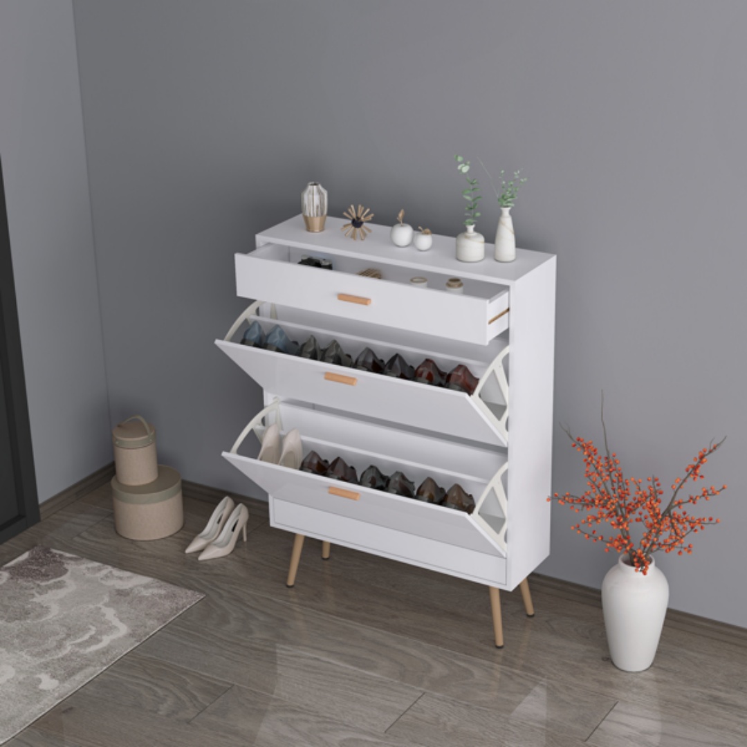 Shoe Cabinet, 16 Pair Shoe Rack Storage Organizer With 2 Flip Drawers, White...