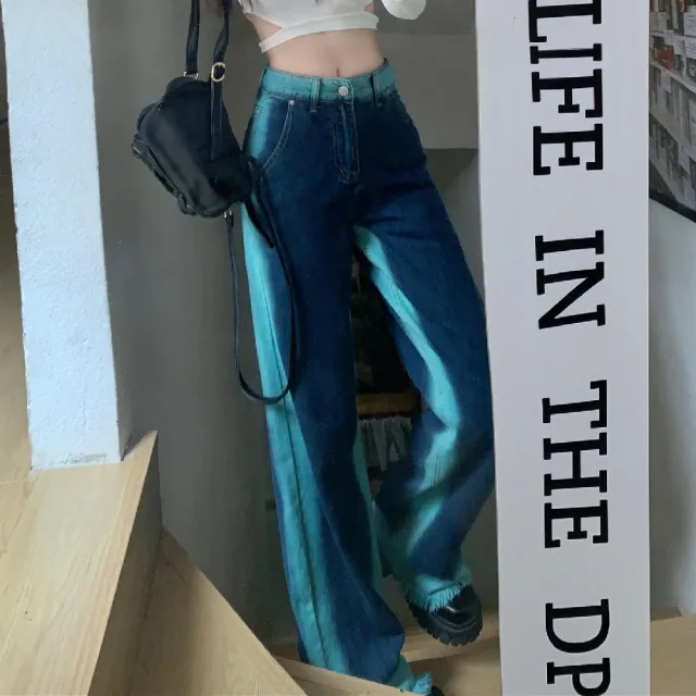 Street Color Jeans With Wide Legs And Raw Hem Blue - Shop at LoveMi