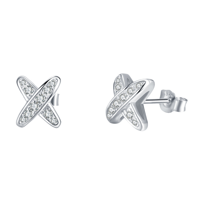 S925 Sterling Silver X-Shape Stud Earrings, D-VVS1 Moissanite Pave, Platinum Plated 1.5g Women's Jewelry Gift Box