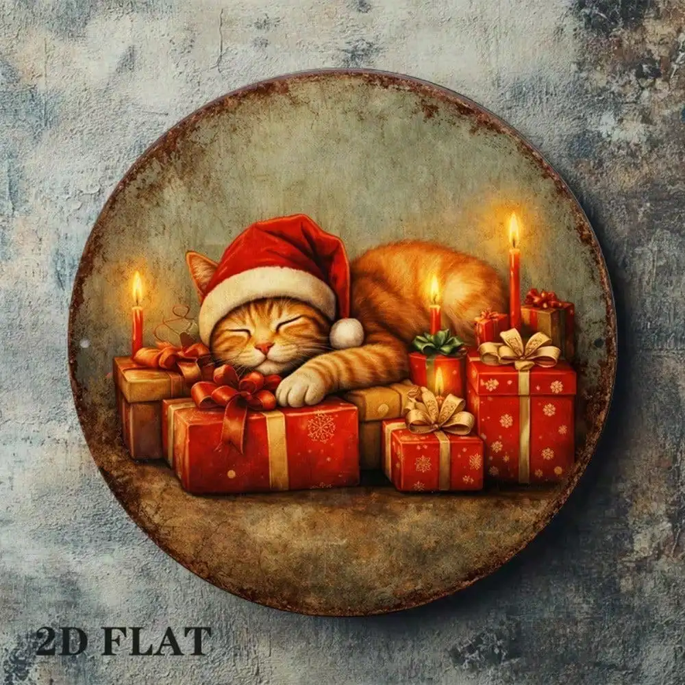 Vintage Christmas Kittens Round Sign 8x8in Cute
