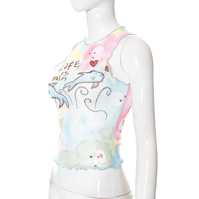 Women's Fashionable Simple Round Neck Pullover Sleeveless Printed Top Vest