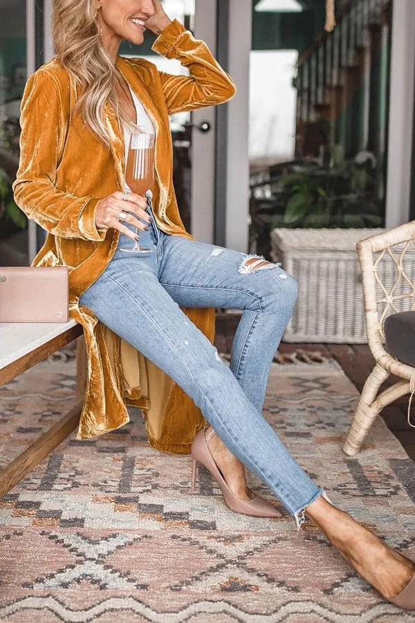 Women's Loose Gold Velvet Stretch Long Coat Gold - Shop at LoveMi