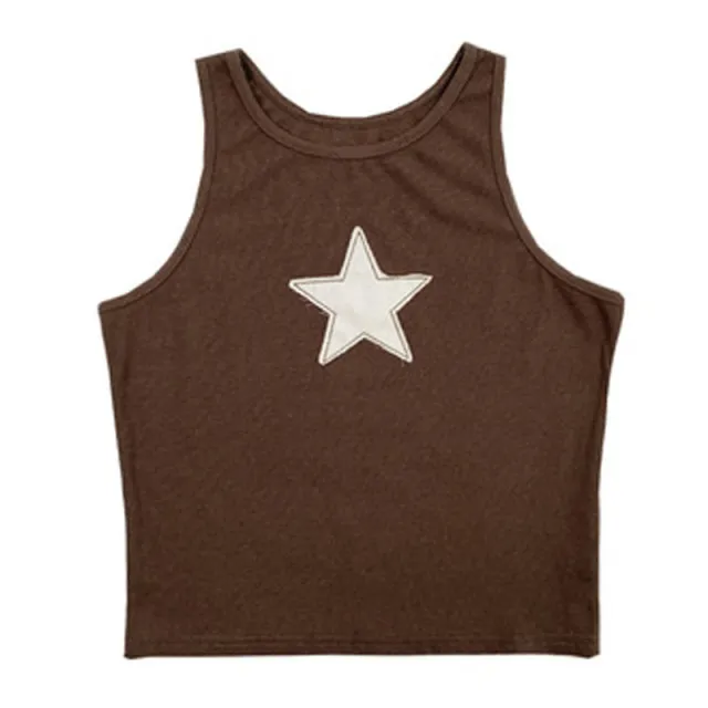 Embroidered Star Print Round Neck Sleeveless Top Vest Red - Shop at LoveMi