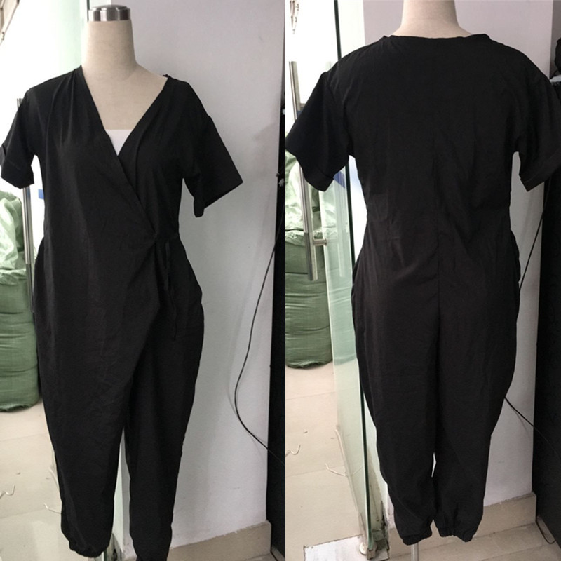 Title 9, Ladies Casual Short Sleeve Deep V Loose Jumpsuit