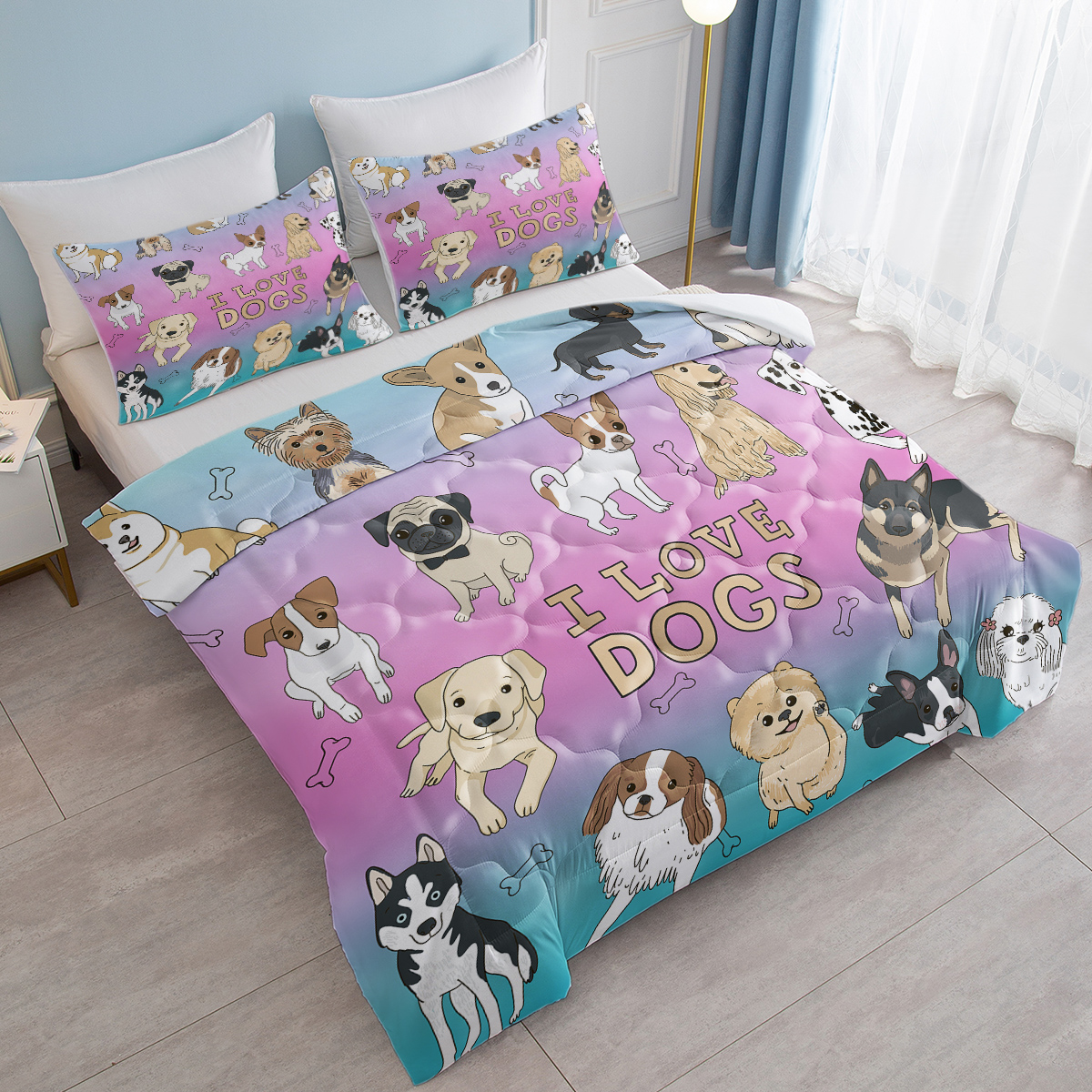 Dog Bone Print Comforter Set Puppy Bedding Set For Kids Girls Boys Watercolor Bed Set Dog Lover Gifts Blue Purple, 4 Piece