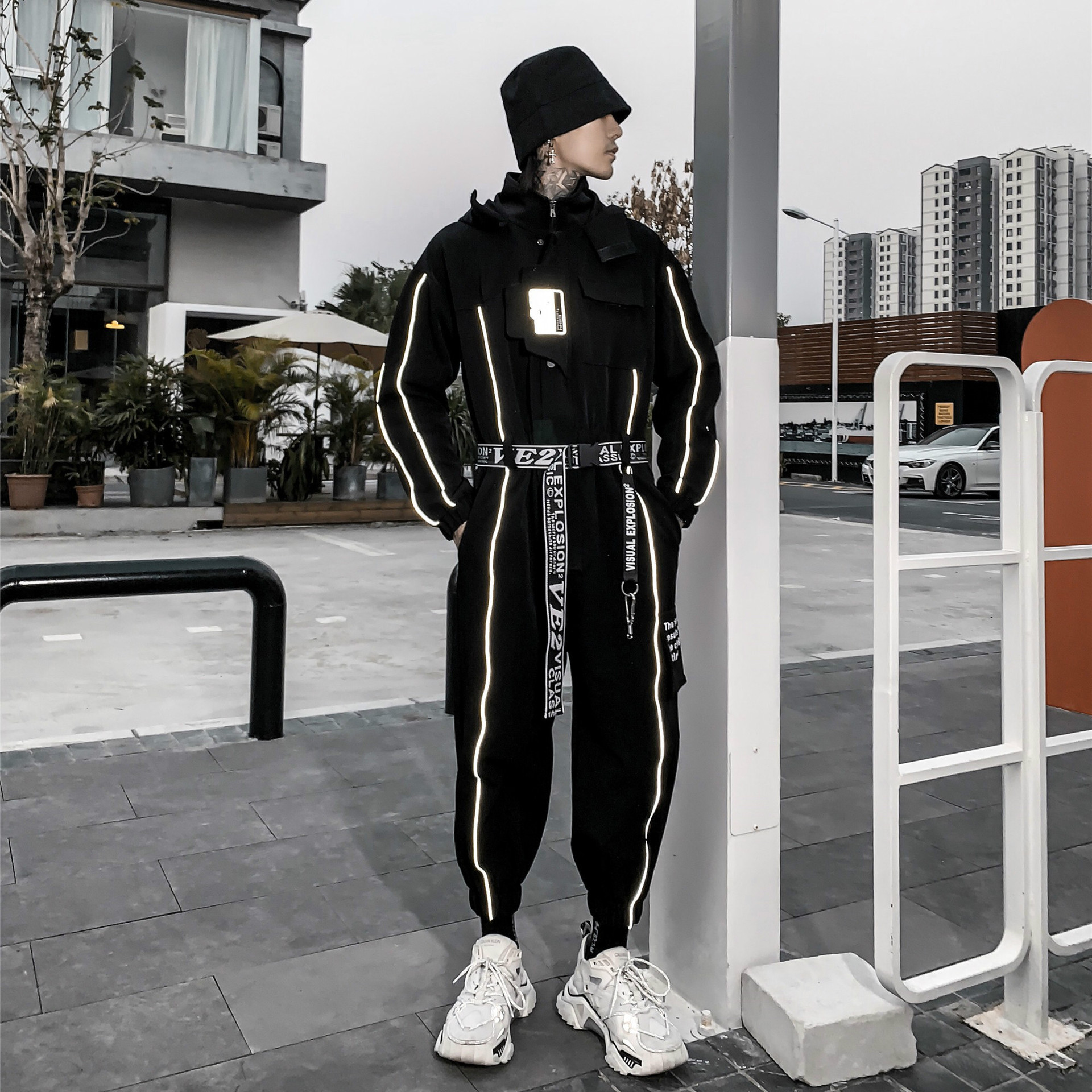 Title 3, Long-sleeved hooded suit with reflective tape b...