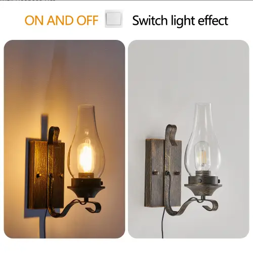 Only Supports Plug-in Rustic Farmhouse Wall Sconces Set Of 2, Vintage Industrial Plug-in Wall Lights With Clear Glass Shade, Black And Gold Finish For Bedroom,