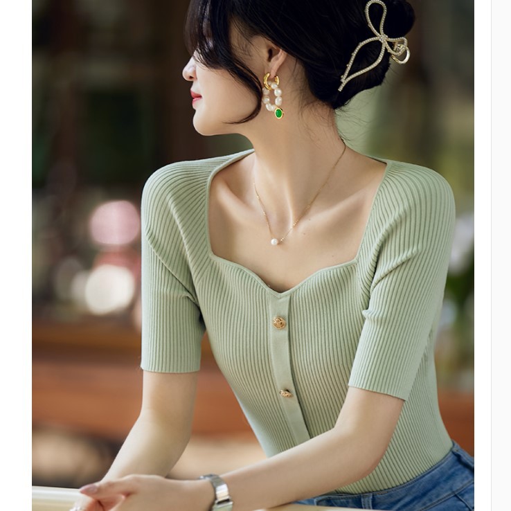 Women's Retro Gold Button Slim Drawstring Knitted Top