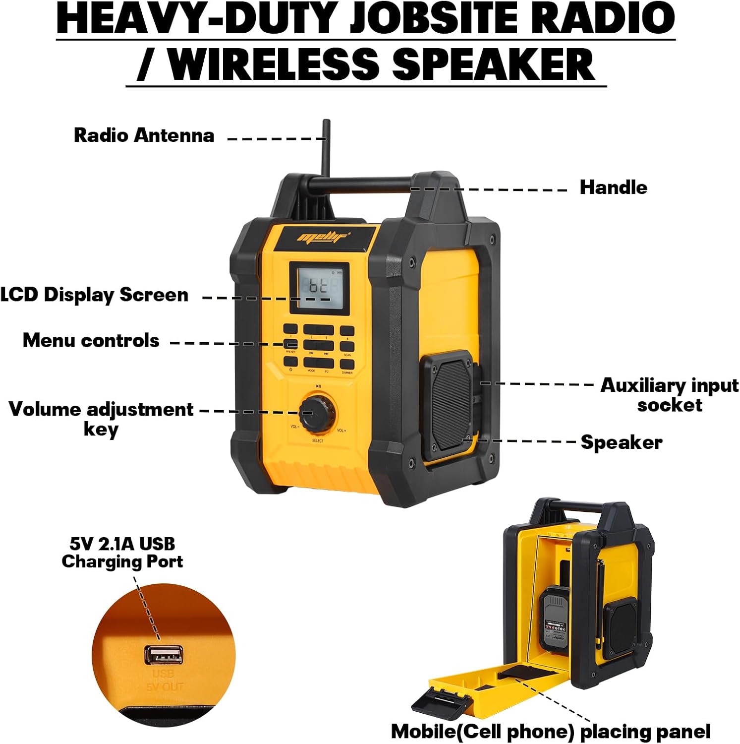 Mellif 18V Jobsite Radio Bluetooth Speaker Comaptible With DEWALT 20V MAX — image 6