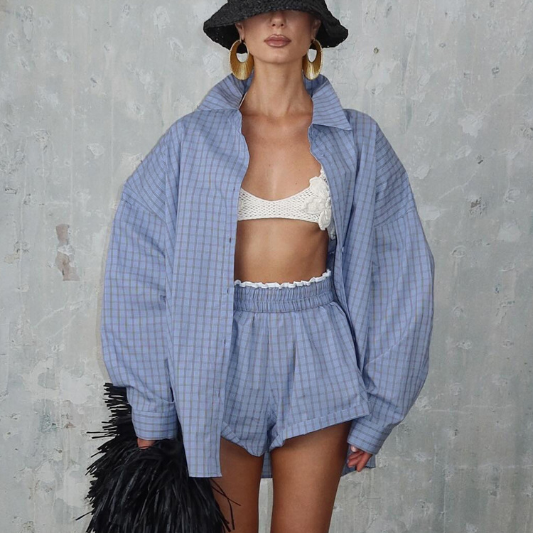 Casual Collared Long-Sleeved Cardigan Shirt And Shorts Two-Piece Set