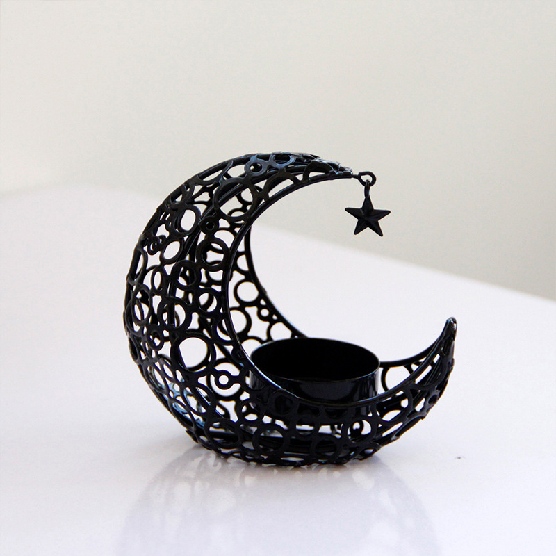 Crescent Moon & Star Candle Holder – Black & Gold Metal Home Décor - Image 2