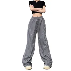 Women's Large Pocket Pleated Drawstring Elastic Lace Casual Pants - Grey - View 1