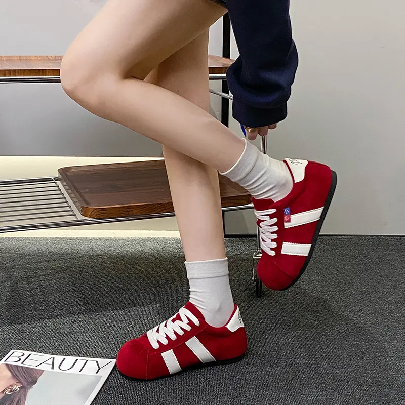 Women's French Vintage Flats, Soft Leather Round Toe Platform Lace-Up Shoes, Suede Versatile Fashion Casual Footwear