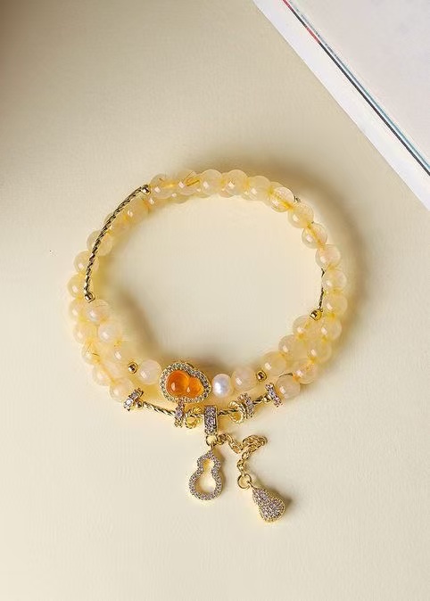 Natural Citrine Pearl Bracelet Gourd Fu Lu Two Tone Beaded Chain Wealth Energy Jewelry For Women