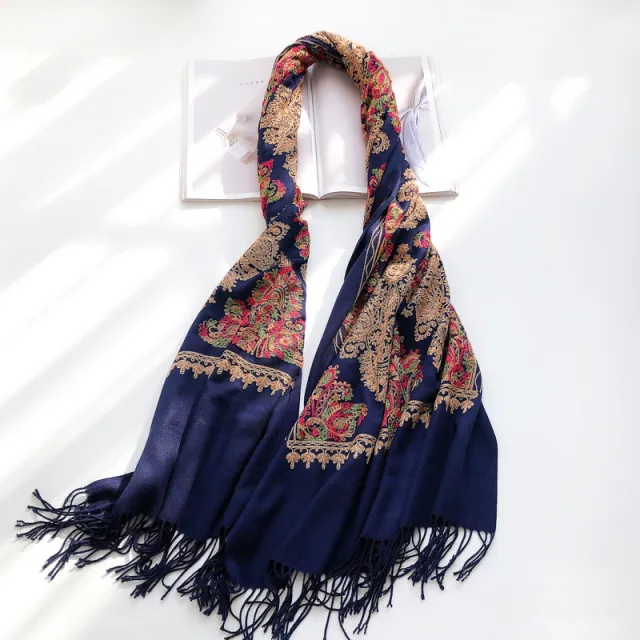 Ethnic Shawl Scarf Ladies Vintage Embroidery Navy Blue - Shop at LoveMi