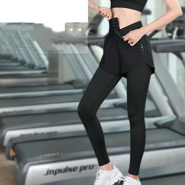 Women's High Waist Corset Fake Two Piece Sports Pants Black - Shop at LoveMi