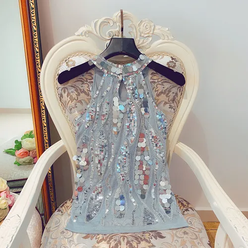 Wave Pattern Sequined Elegant Halter Sleeveless Top Fashionable Silver - Shop at LoveMi
