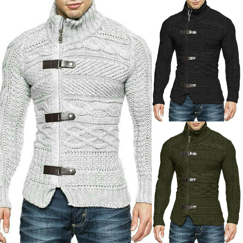 Turtleneck Sweater Men's Leather Button Long Sleeve Knit Cardigan Jacket