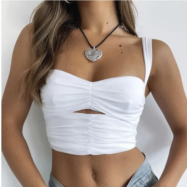 Double shoulder Pleated Low cut Short Vest Female White - Shop at LoveMi