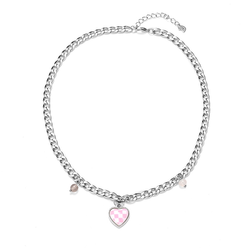 Ins Vintage Checkered Heart Necklace