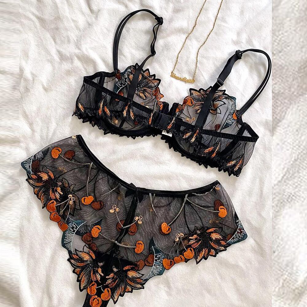 Women's Embroidered See-through Band Steel Ring Gathered Underwear Set — image 1