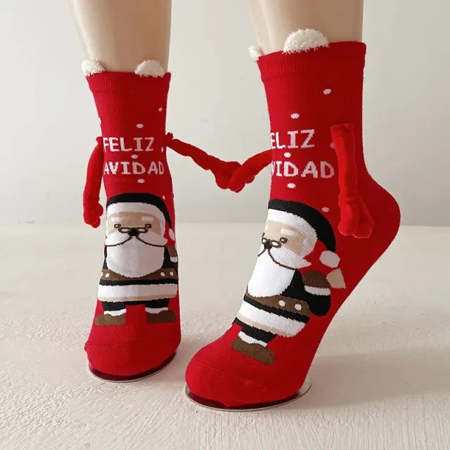 Christmas Magnetic Socks Cute Elk Santa Claus Snowman Hand holding Socks For Couple Red Black Santa - Shop at LoveMi