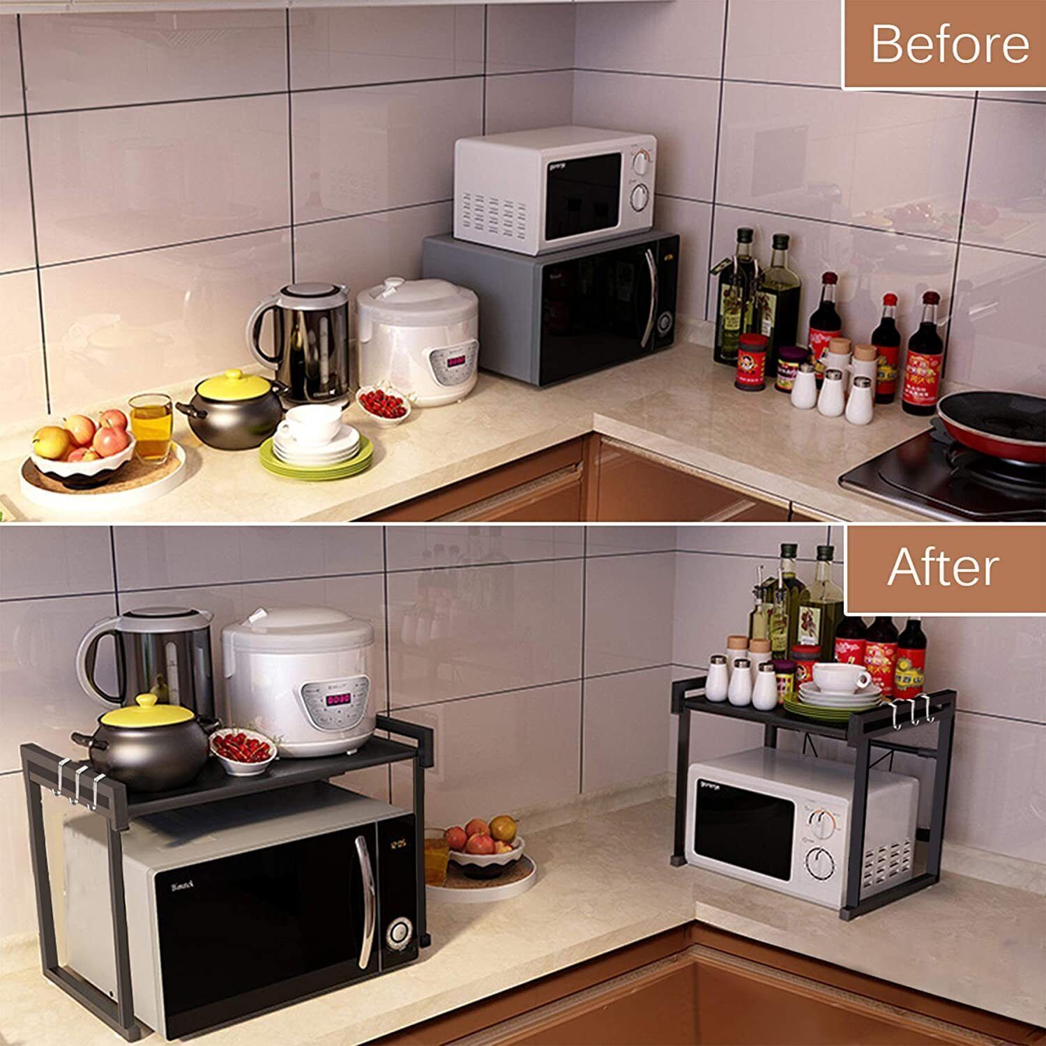 Black Single-layer Double Bar With 6 Hooks And Extendable Kitchen Storage Rack