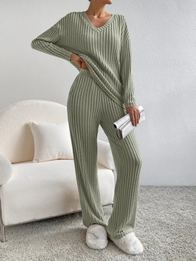 Fashion Solid Striped Suit V neck Long sleeved Top And Casual Straight Pants Loose Temperament Women's Clothing Military Green - Shop at LoveMi