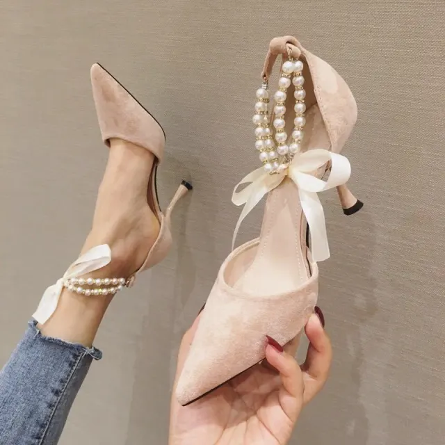 Pearl Ankle Strap High Heels Trendy Pointed Toe Stiletto Shoes Nude - Shop at LoveMi