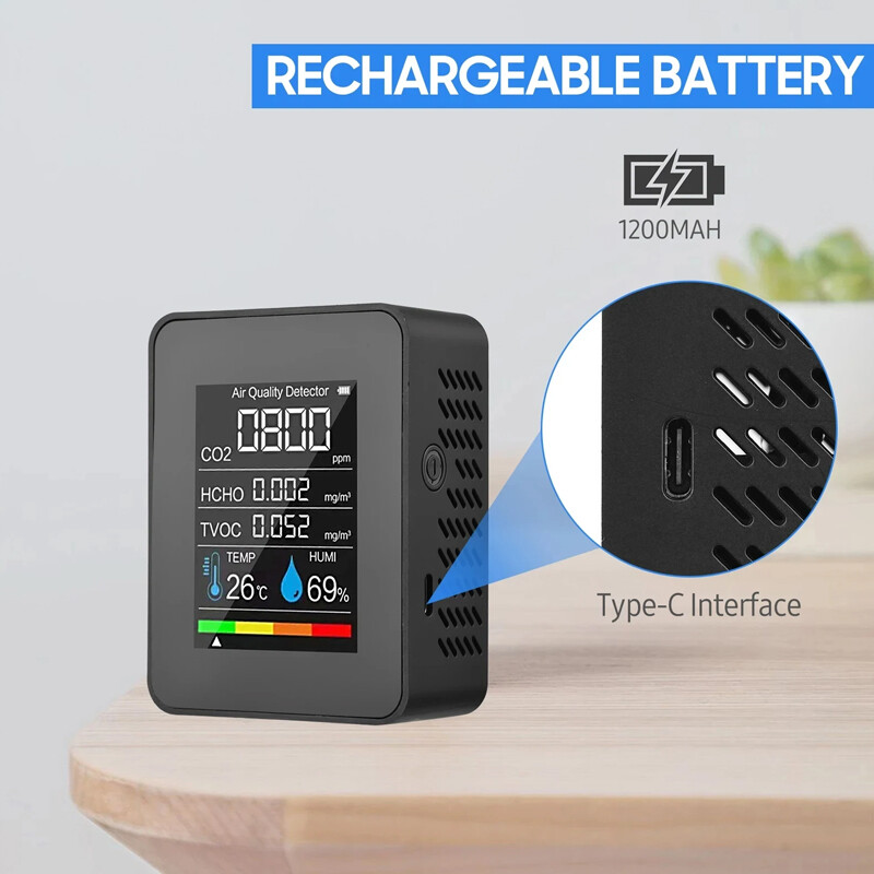 5 In1 Portable CO2 Meter Air Monitor Tvoc Hcho Carbon Dioxide Detector — image 7