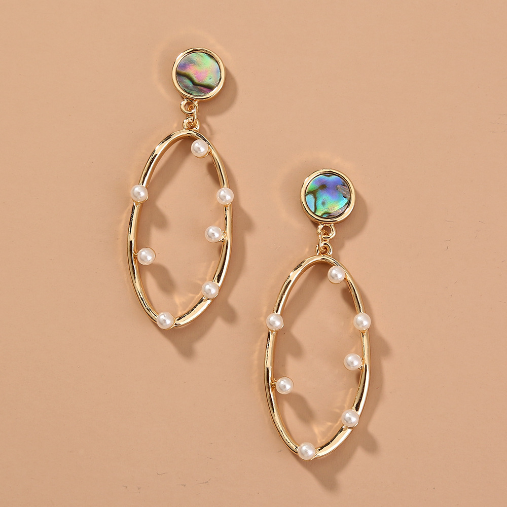 Simple And Versatile Female Face Thin Pearl Earrings Natural Abalone Shell Oval Hollow Earrings