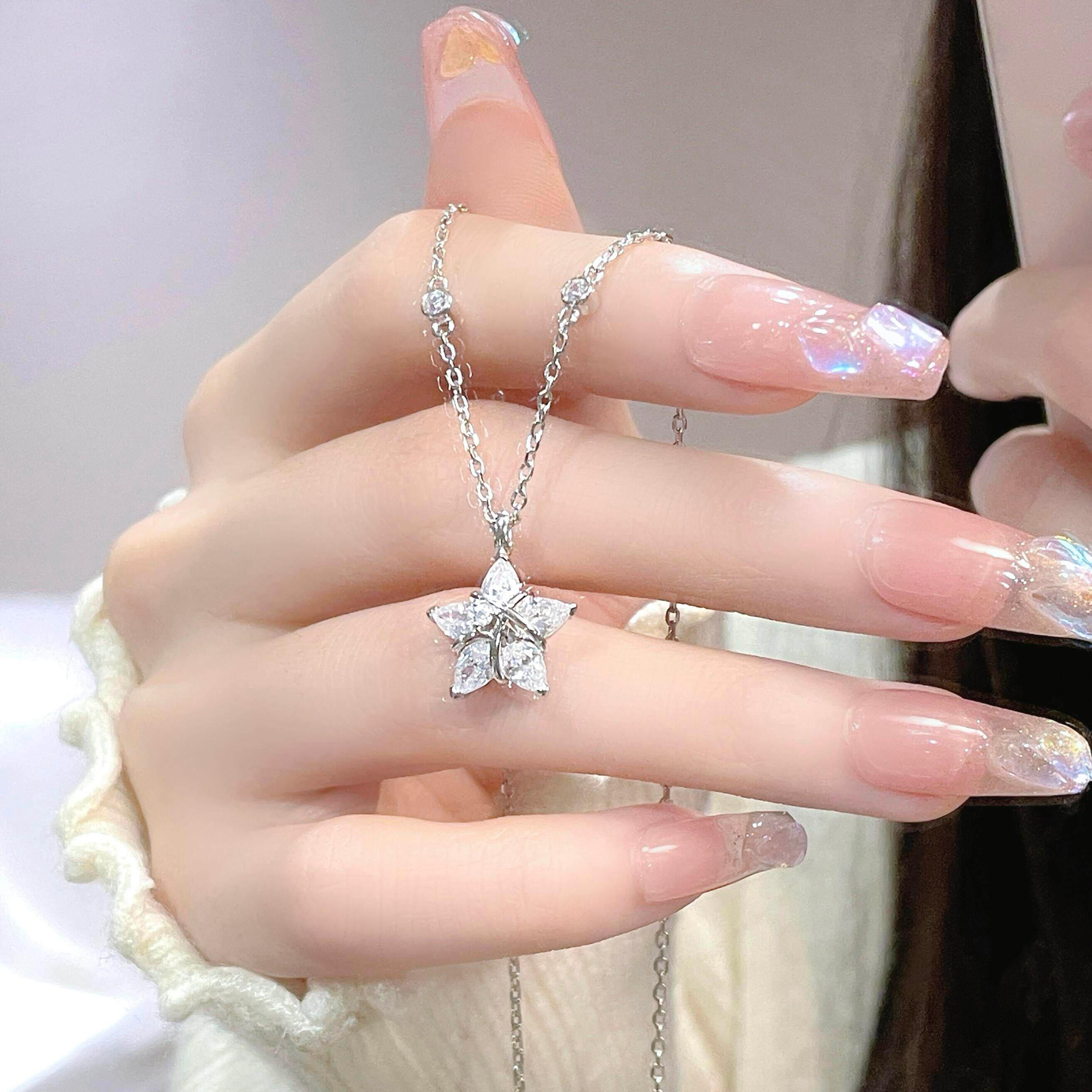 1pc 999 Sterling Silver Diamond Star Pendant Necklace, Delicate Luxurious Style, Perfect For Daily Wear & Valentine's Gifts