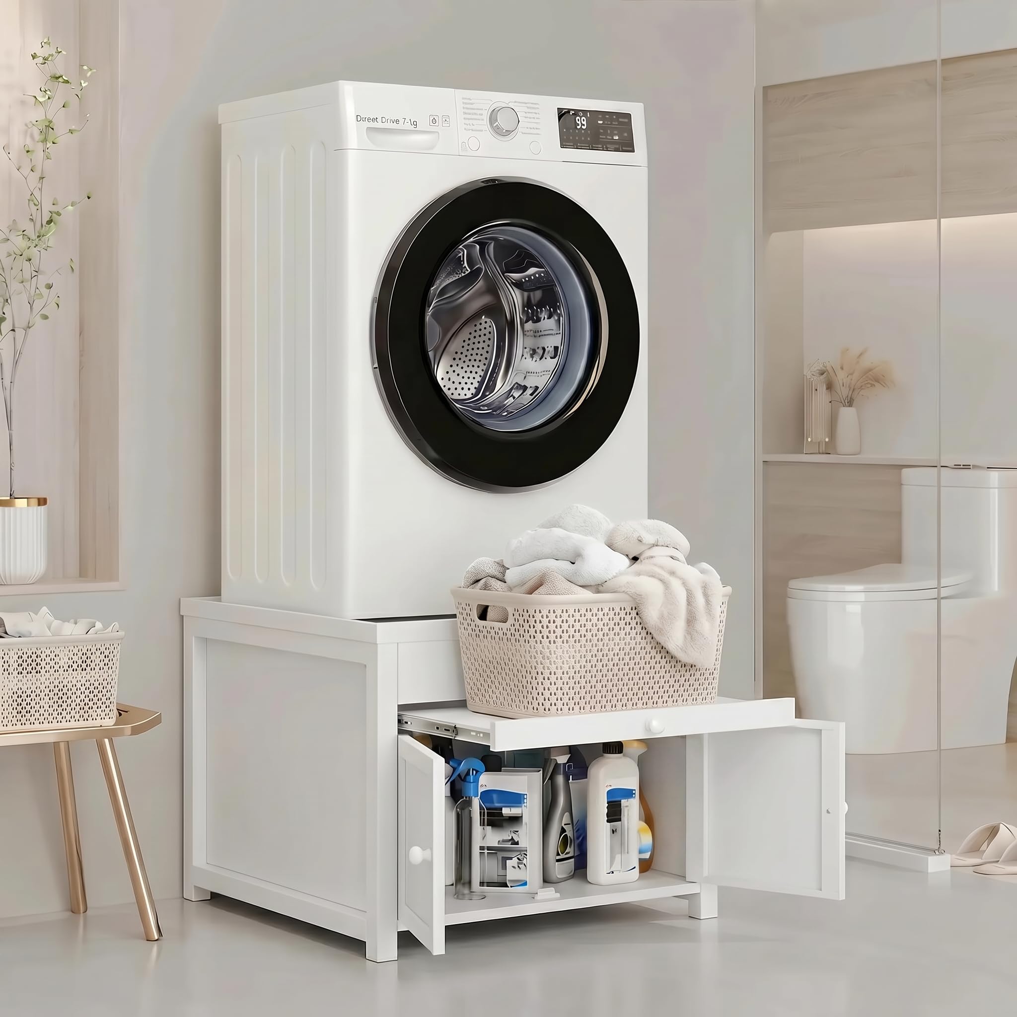 Washer And Dryer Pedestals Stand With Pull-out Shelf, 29icnh W Universal Fit Metal Laundry Pedestal With Drainage And Enclosed Storage, Heavy Duty, Anti-Vibration, 770 LBS Capacity, 23inch H, White — foto 7