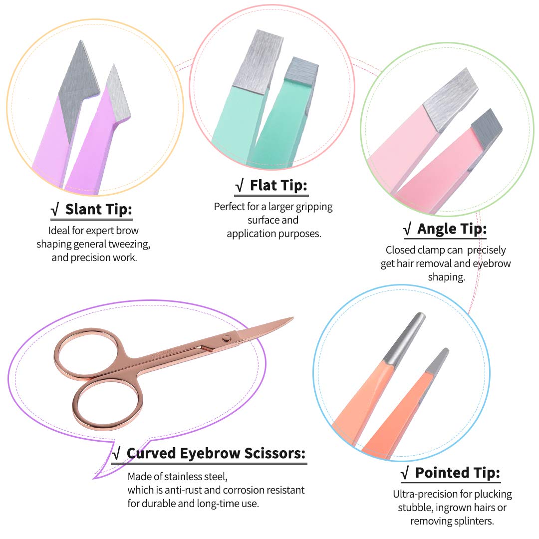 Professional Eyebrow Tweezers 6 Pcs Set  Stainless Steel Tweezers And Curved Scissors For Precise Shaping With Case Ideal For Ingrown Hair Removal