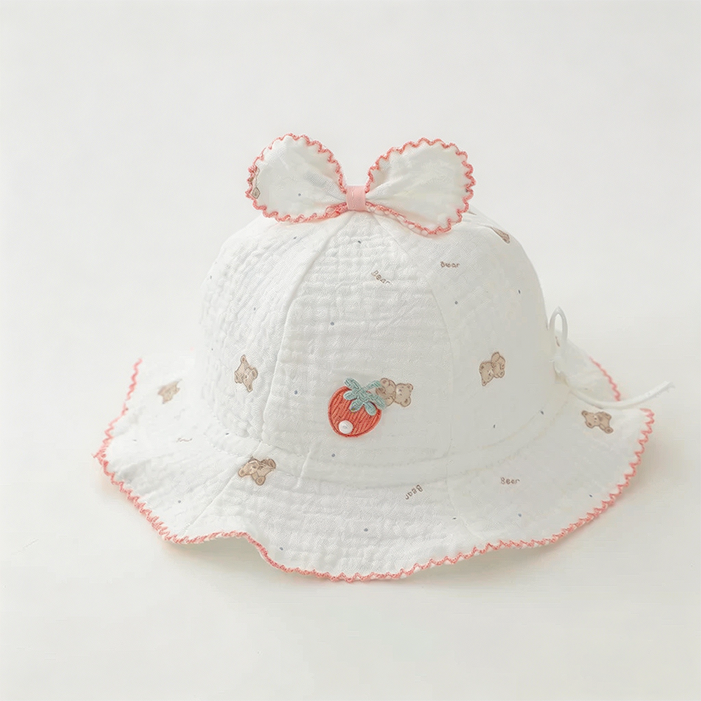 Summer Baby Bear Print Bow Hat With Frilled Brim And Strawberry Embroidery, A Comfortable And Cute Children's Style Boater Hat. 5