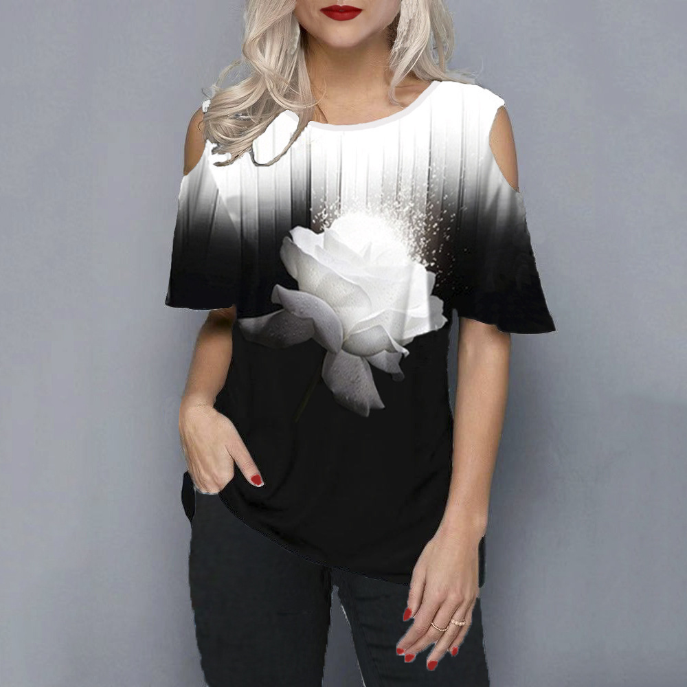 Women's Loose 3D Flower Print Round Neck Off Shoulder Short Sleeve T-Shirt