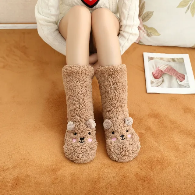 Lamb Velvet Bear Cute Embroidered Floor Shoes Warm Socks Coffee - Shop at LoveMi