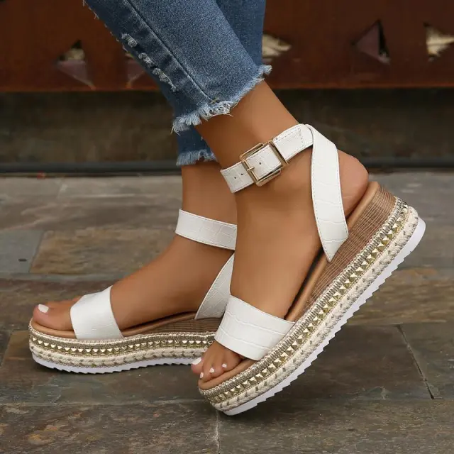 Summer Sandals Buckle Strap Hemp Wedges Platform Peep Toe Shoes Women White - Shop at LoveMi