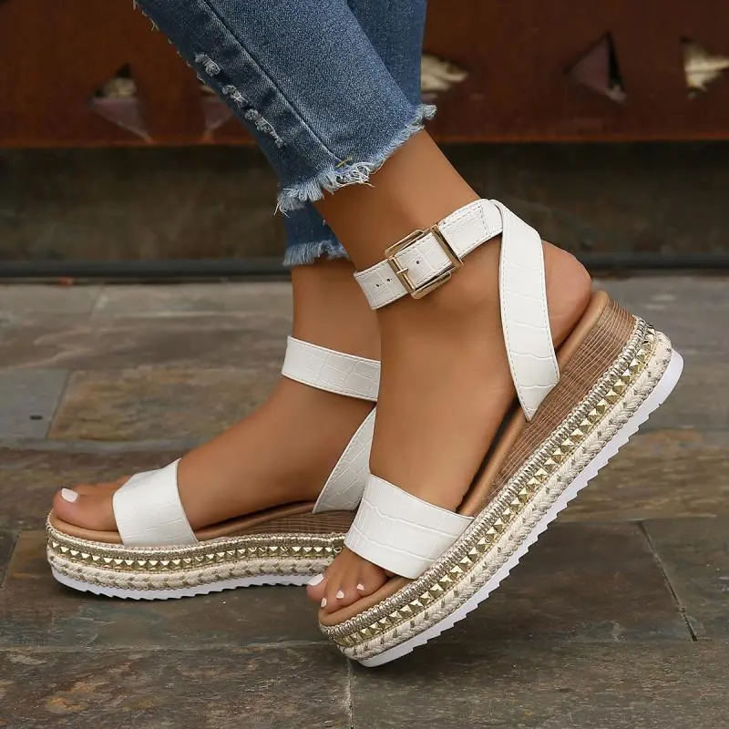 Summer Sandals Buckle Strap Hemp Wedges Platform Peep Toe Shoes Women - White