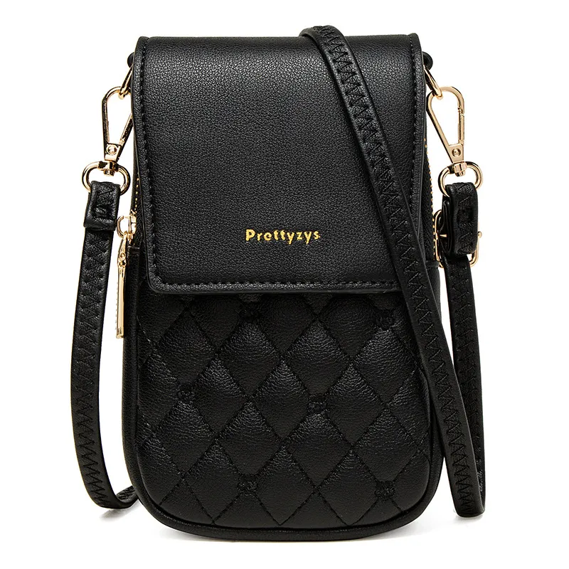 Plaid Sewing Design Mobile Phone Bags For Women Simple Buckle Multifunctional Crossbody Shoulder Bag - Black